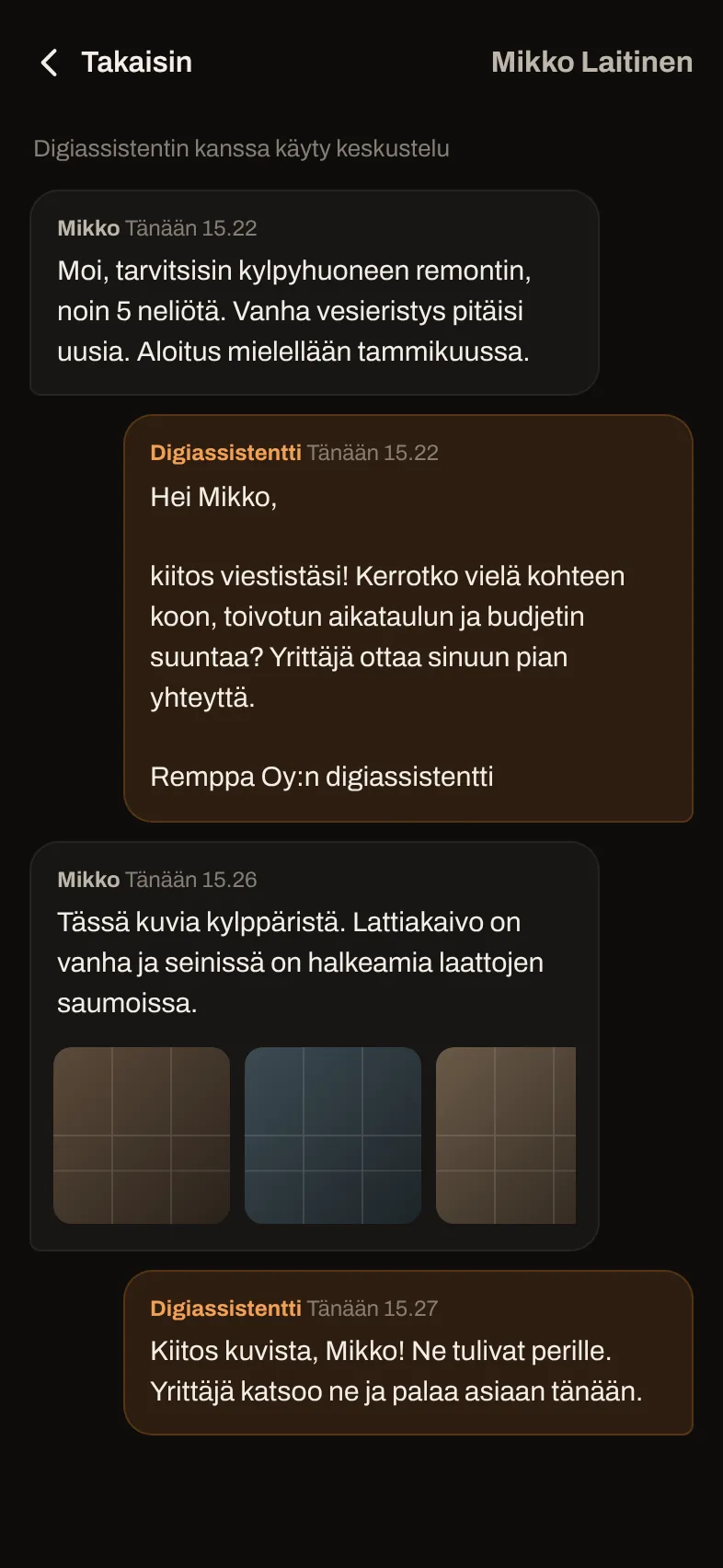 Digiassistentin ja asiakkaan keskustelu kuvineen