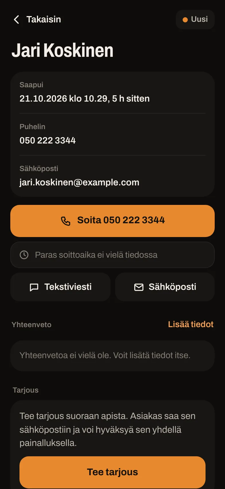 Tarjouspyynnön tiedot ja soittopainike